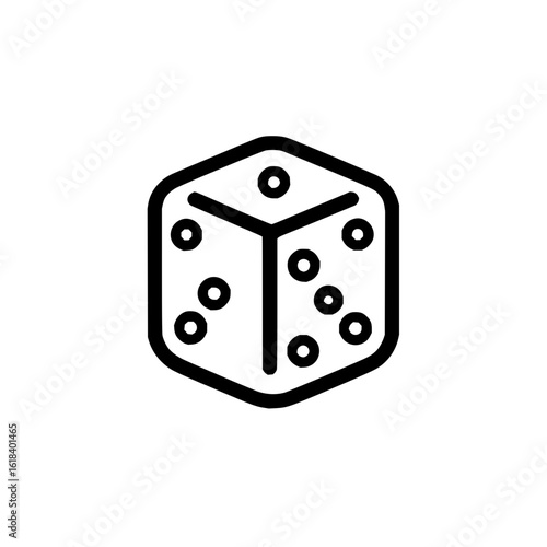 A simple line drawing of a six sided die with rounded corners and pips indicating the numbers on each face