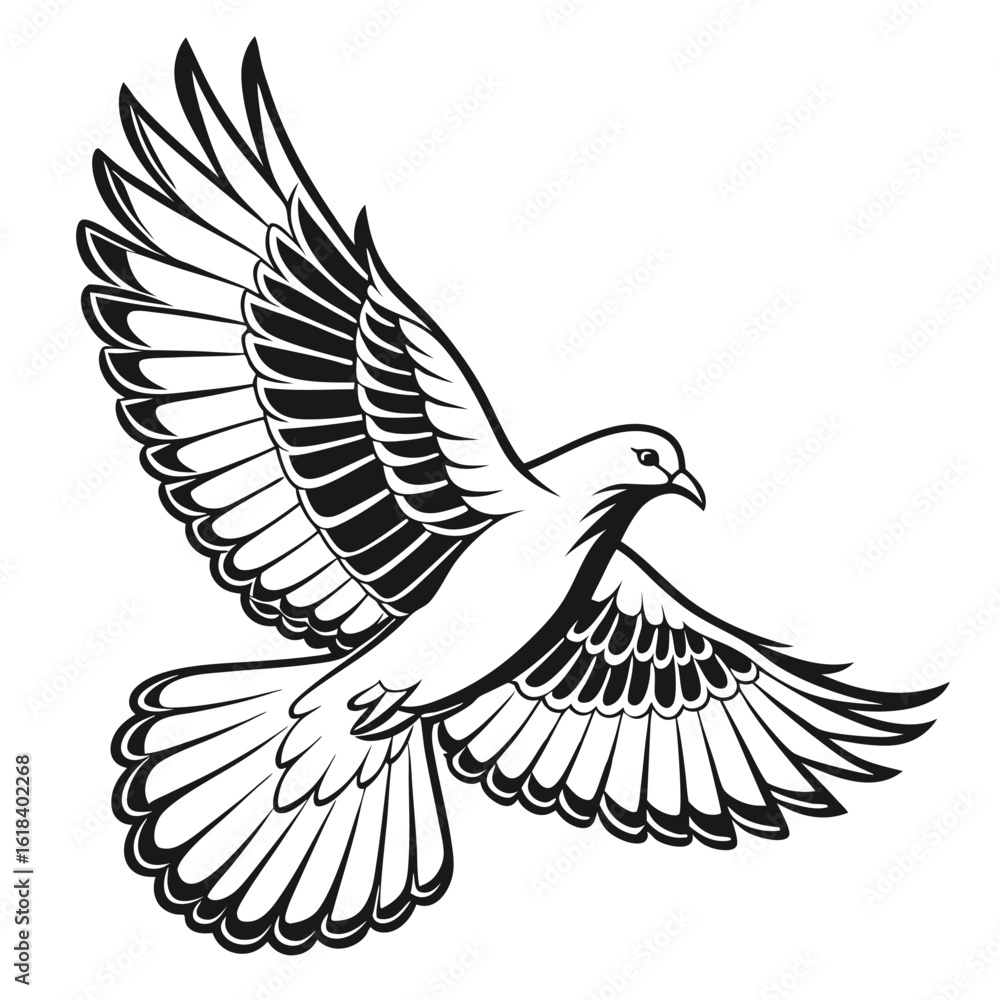 Obraz premium Illustration of a flying dove bird with spread wings in black and white outline style isolated on white background