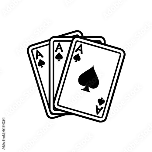 Three ace of spades playing cards stacked on top of each other in black and white simple vector image