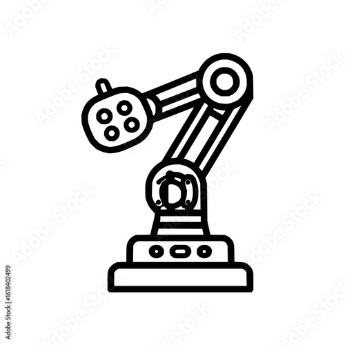 Illustration of an industrial robot arm with a multi holed head and a circular joint in black outline