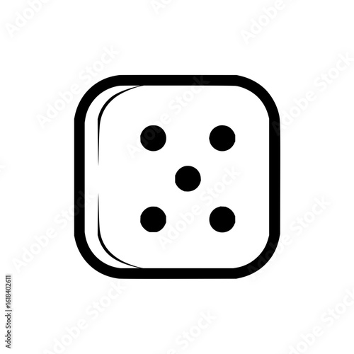 Illustration of a white die with rounded edges showing the number five using black circles on each face