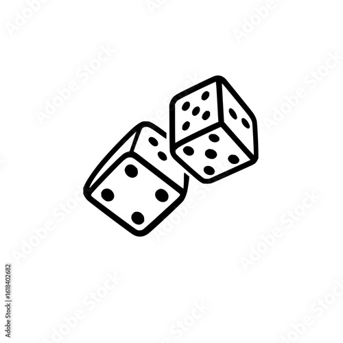 Two dice with black outlines and black spots indicating the numbers isolated on a white background image
