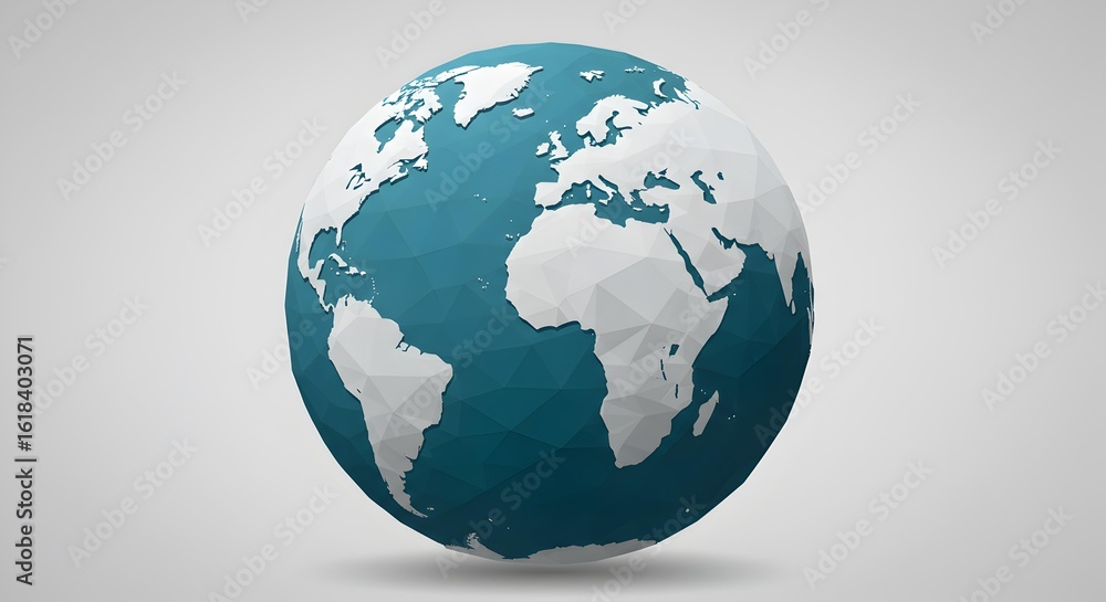 Fototapeta premium Low Poly Earth Globe with White Continents and Blue Oceans on Light Grey Background.