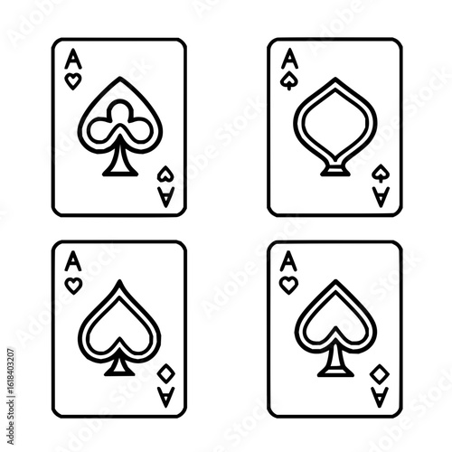 Four ace playing cards with different suits in outline style isolated on a white background for card games
