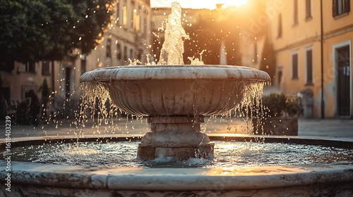 Stone Fountain Water Splashes Sunset Town Square