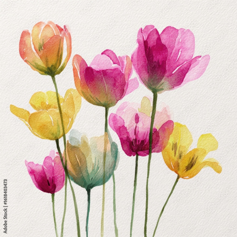 Fototapeta premium Loose watercolor tulips in spring-inspired color palette