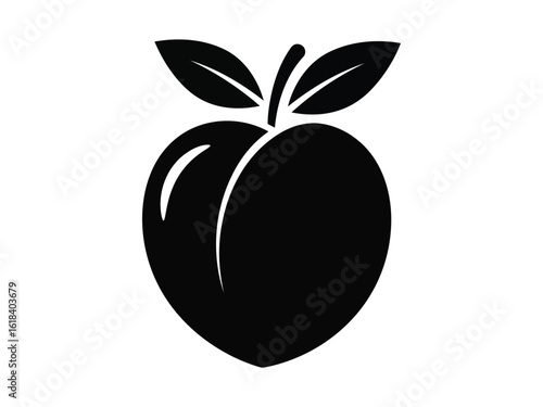 A simple black silhouette of a peach with two leaves