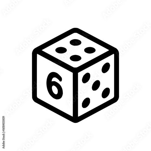 Isometric view of a white die with black dots showing sides with four five and six pips marked