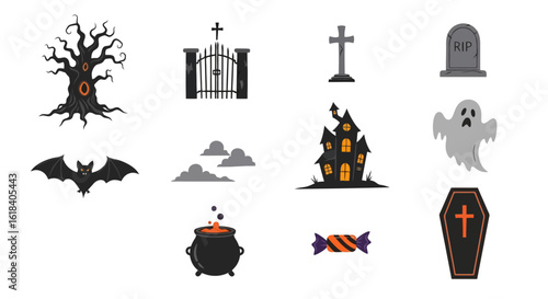 Spooky Halloween Vector Icons: Cemetery, Haunted House, and More