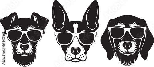 Three dogs wearing sunglasses black and white illustration, dog, dogs, animal, pet, canine, sunglasses, eyewear, fashion, cool, stylish, black and white, illustration, graphic, vector, portrait, head,