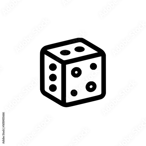 Illustration of a single black and white die with rounded edges showing three different sides and pips