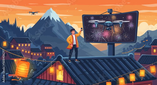 Asian Town Celebrates With Drones And Fireworks Vector Illustration