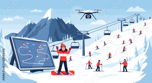 Winter Activities With Skiers, Snowboarders, Drone and Lift Equipment