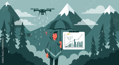 Confused Man In Rain With Umbrella And Drone Weather Monitoring