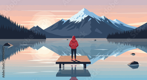 Person Enjoying Serene Mountain Lake View At Sunset Illustration