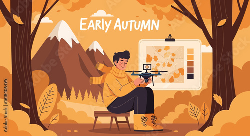 Man Holding Drone In Autumn Landscape With Mountain And Foliage