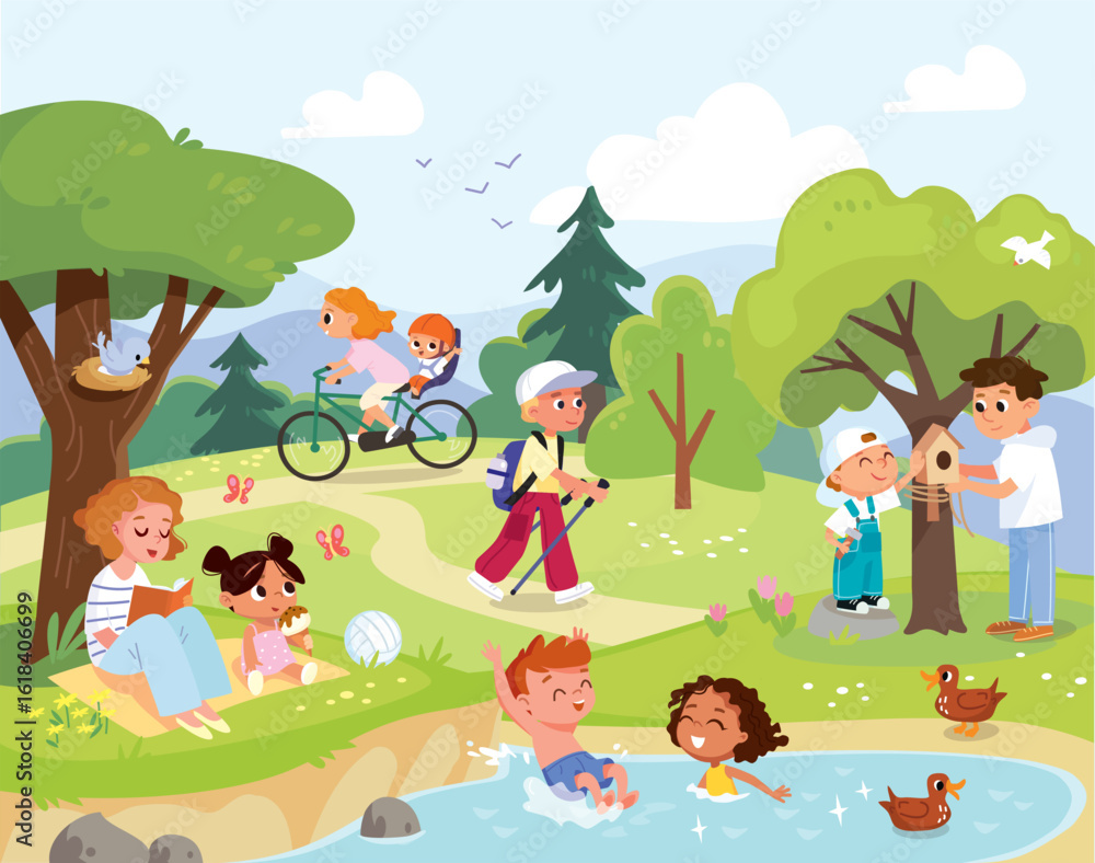 Obraz premium Family and children kids enjoys picnic in summer day walk through the park. Children swim, have fun outdoors. Kids and parents feed the wildlife enjoying the nature together. Kids swimming in a pound