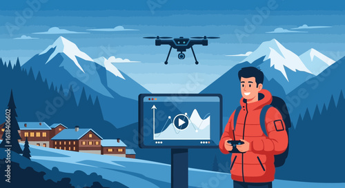 Drone Footage In Snowy Mountain Scenery Shows Operator And Screen Data