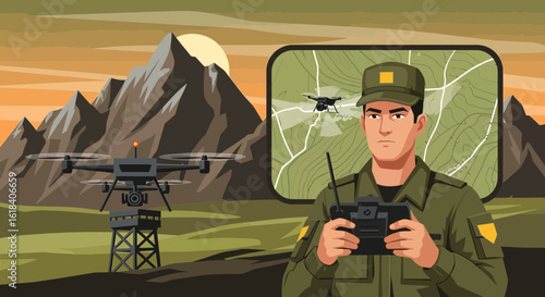 Soldier Piloting Drone For Military Reconnaissance Mission In Mountains