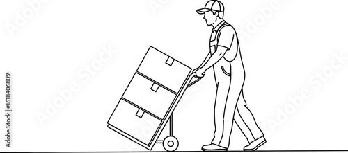 Delivery man pushing hand truck with boxes outline vector illustration moving service design 95