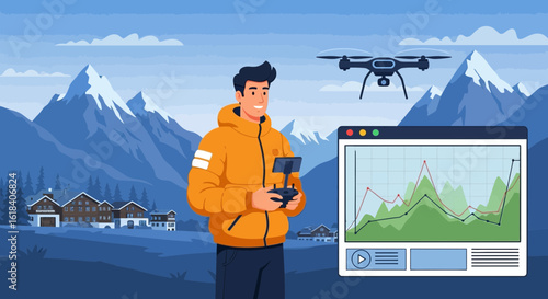 Drone Operator Overseeing Data From Snowy Mountain Aerial Footage