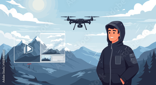 Person Flying Drone Enjoying Mountain View Filming Video On Cloudscape