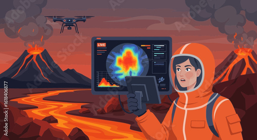 Volcanic Eruption Monitoring With Drone And Researcher In Protective Suit