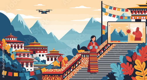 Bhutanese Woman Greeting While Recording Views With Drone And Tablet