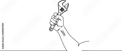 Hand holding wrench vector illustration for construction repair and maintenance concept line art 95