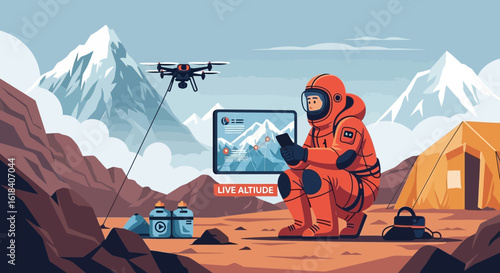Astronaut Explores Mountain Territory Using Drone Technology And Tablet