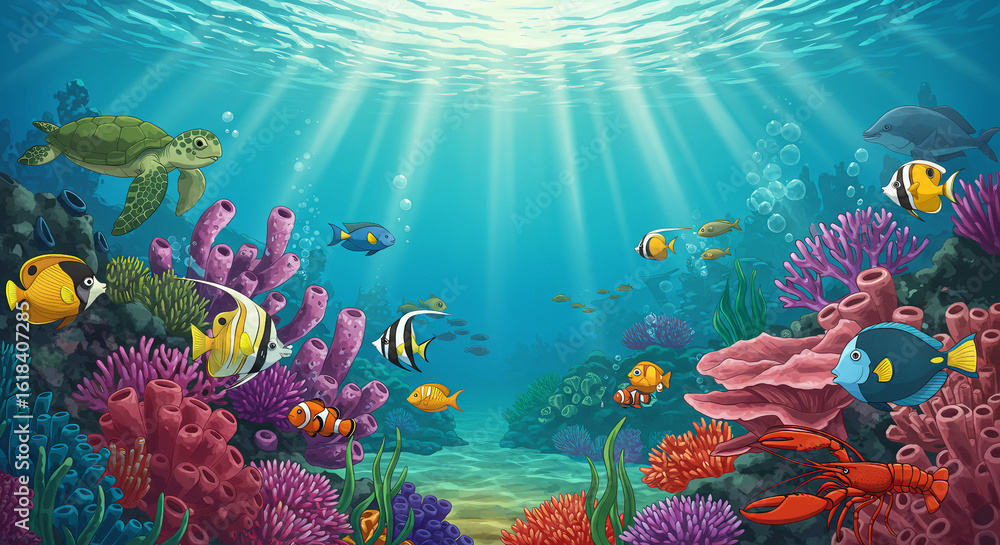 Naklejka premium Lively Underwater Coral Reef Illustration