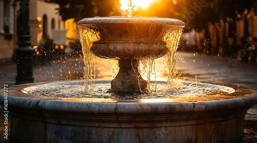 Stone Fountain Water Flows Sunset Golden Light
