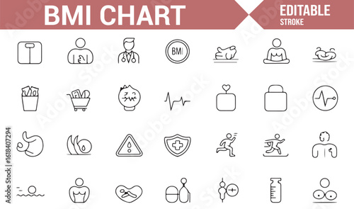 Health Tracking Icons Representing BMI Categories and Fitness Levels
