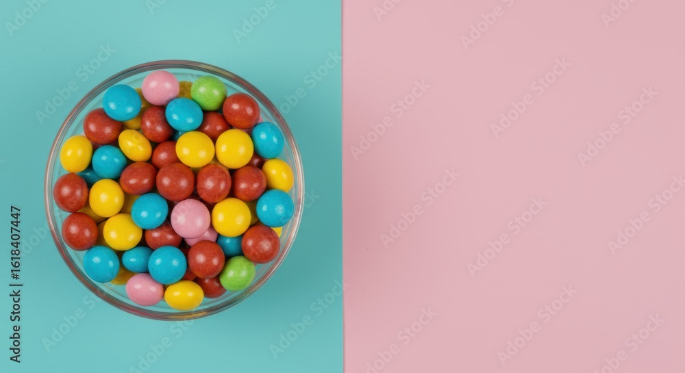 Obraz premium Vibrant candy coated chocolates in a glass bowl on a trendy two tone pastel background creates a sweet and colorful treat
