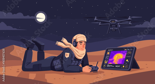 Desert Operator Controls Drone With Thermal Imaging Under Moonlight
