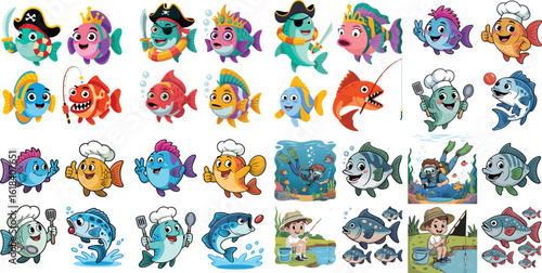 Cartoon Fish Character Collection Pirate, Chef, Scuba Diver, Fisherman, Crowned, and Playful Fish Illustrations