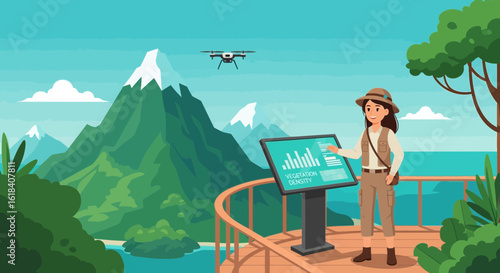Woman Exploring Nature Using Modern Technology In Mountain Scenery