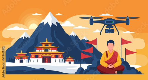 Drone Footage Of Himalayan Kingdom With Buddhist Monk Meditating