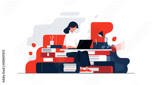 Woman working on laptop surrounded by books in modern style  