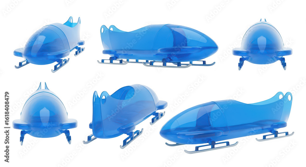 Fototapeta premium Transparent blue bobsleds multiple angles on a white background showcasing design for sports or winter-themed projects