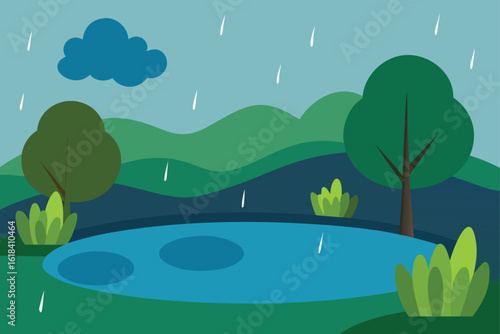 nature pond in raining landscape