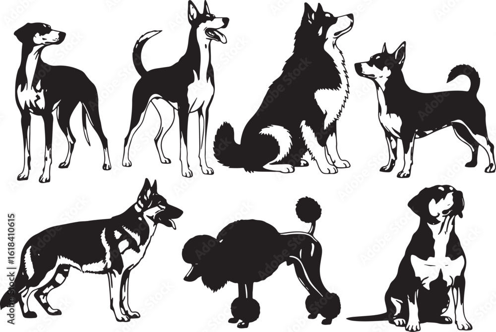 Fototapeta premium Collection of seven black and white dog illustrations in various poses, dog, dogs, canine, animal, pet, illustration, silhouette, black and white, standing, sitting, german shepherd, husky, poodle, ch
