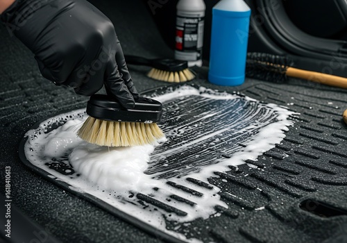 Close-up of a brush scrubbing soapy foam on a car floor mat during deep cleaning. Car detailing tools and cleaning solution are visible, highlighting interior auto care.	