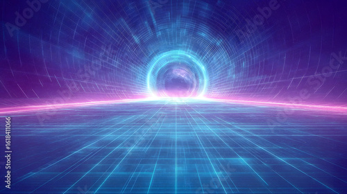 Cyberpunk tunnel, blue grid, neon lights, futuristic ambiance.