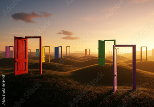 Fototapeta Naklejka Na Ścianę i Meble -  Multiple open doors in a surreal landscape at sunset symbolizing choices and opportunities