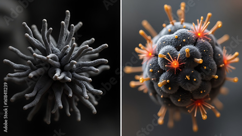 SEM of PM2.5 particles:
1. [Soot] Carbon chains (black fractal clusters)
2. [Metals] Heavy metal nanoparticles (glowing dots)
3. [Bioaerosols] Bacterial remnants (organic shapes)