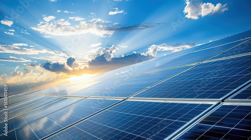 A view of solar panels under a bright blue sky with clouds and the sun shining through the clouds