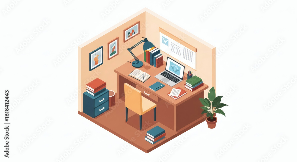 Obraz premium An isometric cutaway illustration of a personal study or library. The room is filled with books, a desk, and a laptop, representing education, learning, or a cozy home office