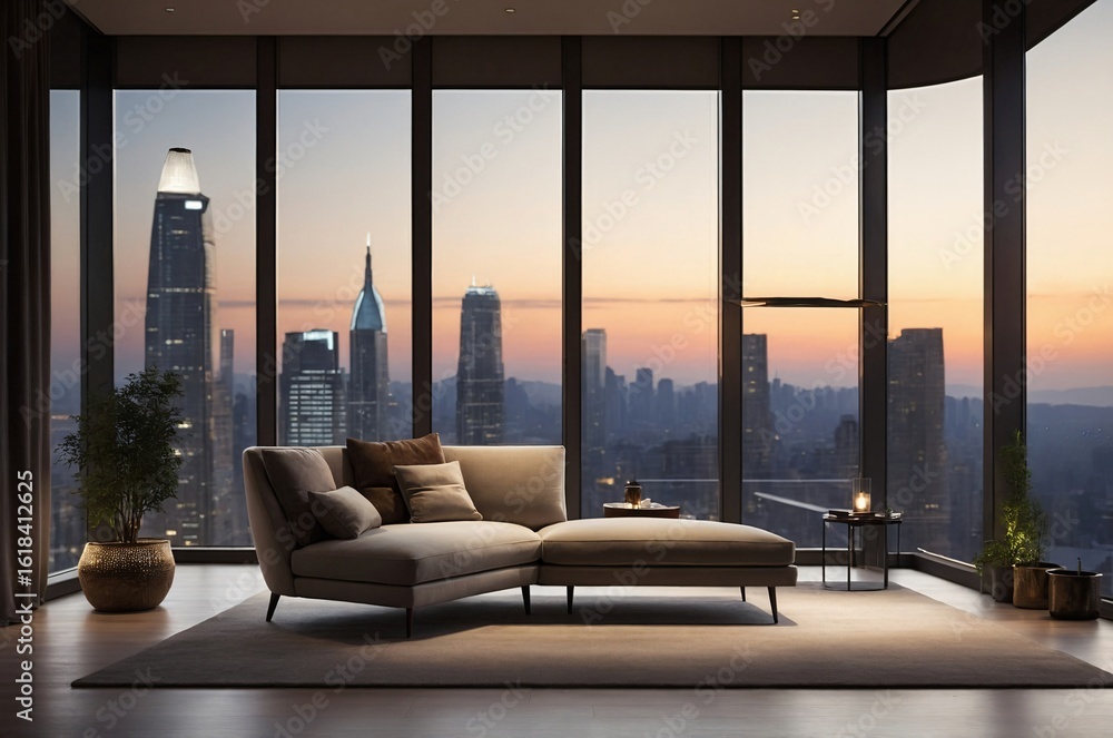 Fototapeta premium Urban Night Cityscape View from Minimalist Room Interior