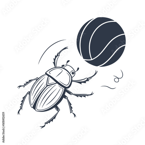 Minimalist line art dung beetle rolling a ball on a white background